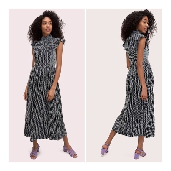 Kate Spade New York Smocked Clip Swiss Dot Mock Neck Flutter Midi Dress Size 6 - Picture 1 of 12